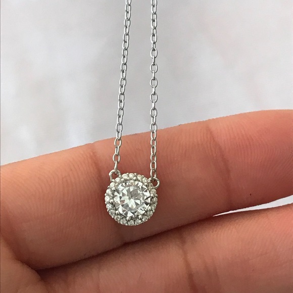 Sterling Silver Cz Halo Solitaire Necklace - Picture 2 of 8